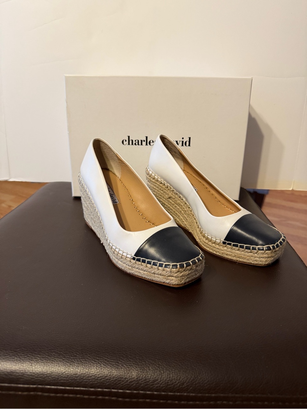 Charles David White and Navy Espadrille Wedge Flats with Jute Platform